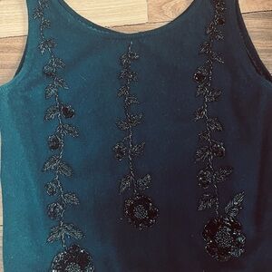 Vintage Beaded Floral Embroidered Black Tank Top Lambs Wool, Angora fully lined